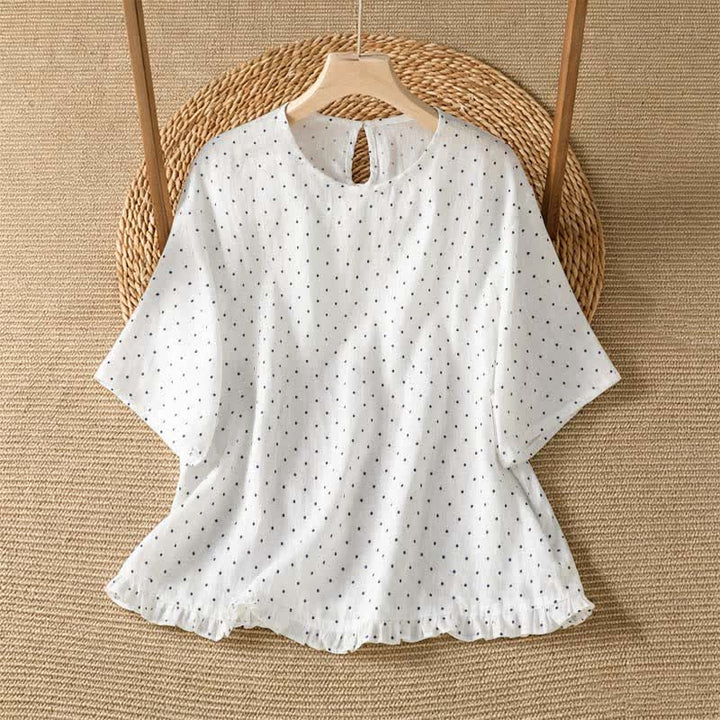 Buddha Stones 夏物カジュアル ドット柄 フリル裾 レディース 半袖Tシャツ - 白 - US8-10, UK/AU12-14, EU40-42 （2XL） - image 11
