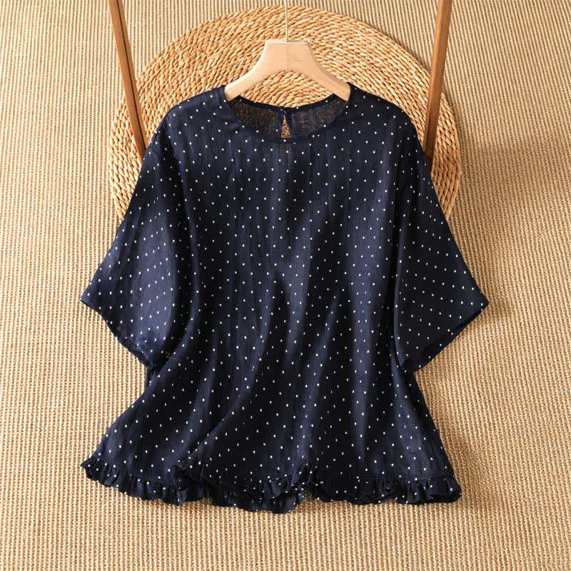 Buddha Stones 夏物カジュアル ドット柄 フリル裾 レディース 半袖Tシャツ - ミッドナイトブルー - US8-10, UK/AU12-14, EU40-42 （2XL） - image 5