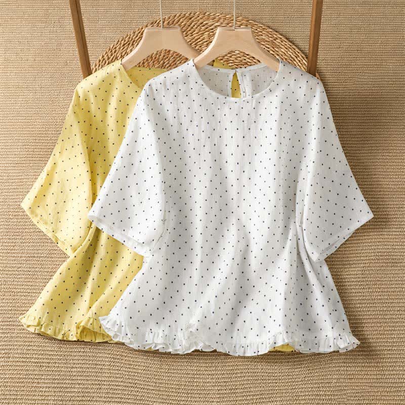 Buddha Stones 夏物カジュアル ドット柄 フリル裾 レディース 半袖Tシャツ - image 16