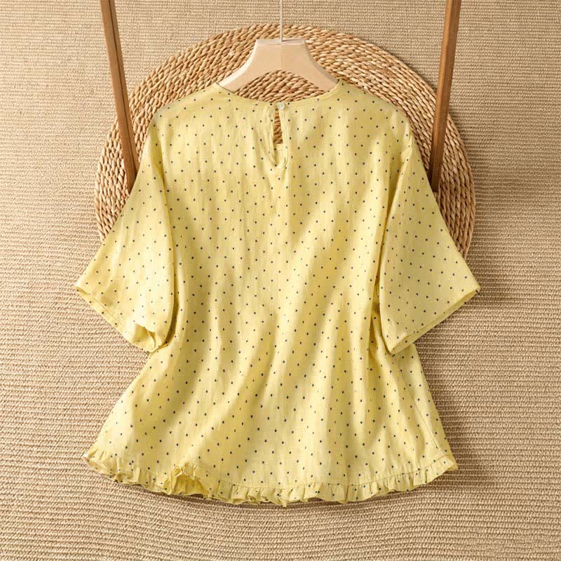 Buddha Stones 夏物カジュアル ドット柄 フリル裾 レディース 半袖Tシャツ - image 1