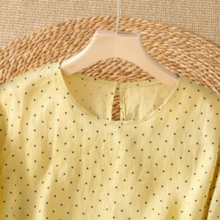 Buddha Stones 夏物カジュアル ドット柄 フリル裾 レディース 半袖Tシャツ - image 2