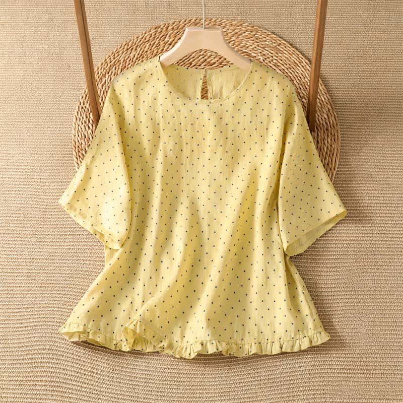 Buddha Stones 夏物カジュアル ドット柄 フリル裾 レディース 半袖Tシャツ - 薄黄色 - US8-10, UK/AU12-14, EU40-42 （2XL） - image 0