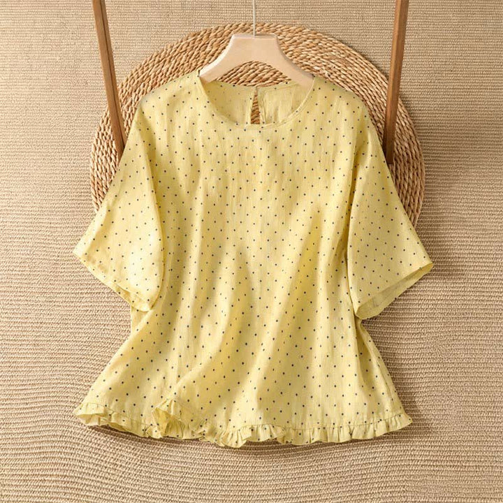Buddha Stones 夏物カジュアル ドット柄 フリル裾 レディース 半袖Tシャツ - 薄黄色 - US8-10, UK/AU12-14, EU40-42 （2XL） - image 0