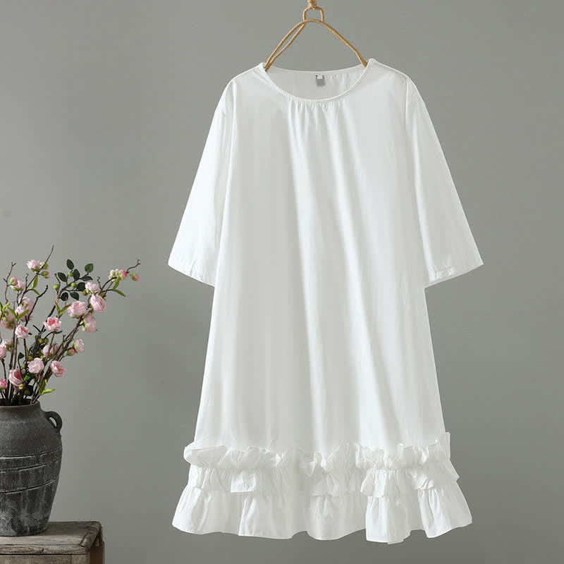 Buddha Stones 夏物カジュアルミニマリスト無地フリル裾レディース半袖ワンピース - 白 - US14, UK/AU18, EU46 （2XL） - image 6
