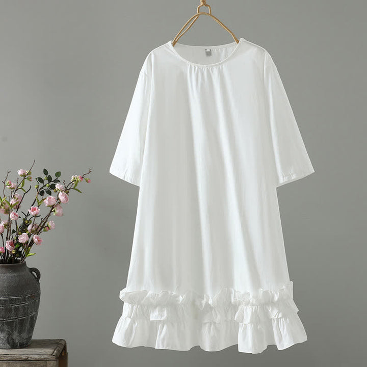 Buddha Stones 夏物カジュアルミニマリスト無地フリル裾レディース半袖ワンピース - 白 - US14, UK/AU18, EU46 （2XL） - image 6