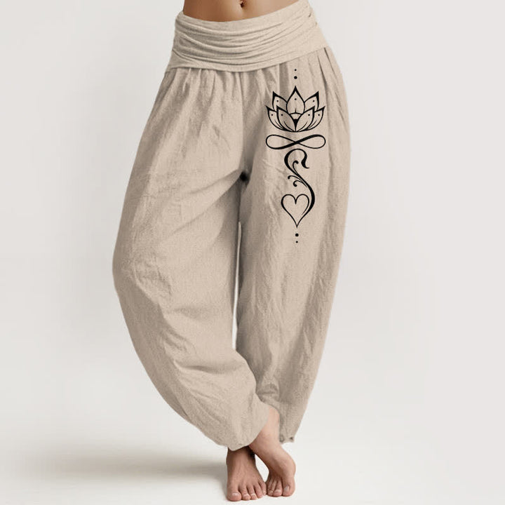 Buddha Stones 純綿ホワイトロータスラインアート柄レディースゴムウエストハーレムパンツ - タン - US16、 UK/AU20、 EU48 (3XL) - image 11
