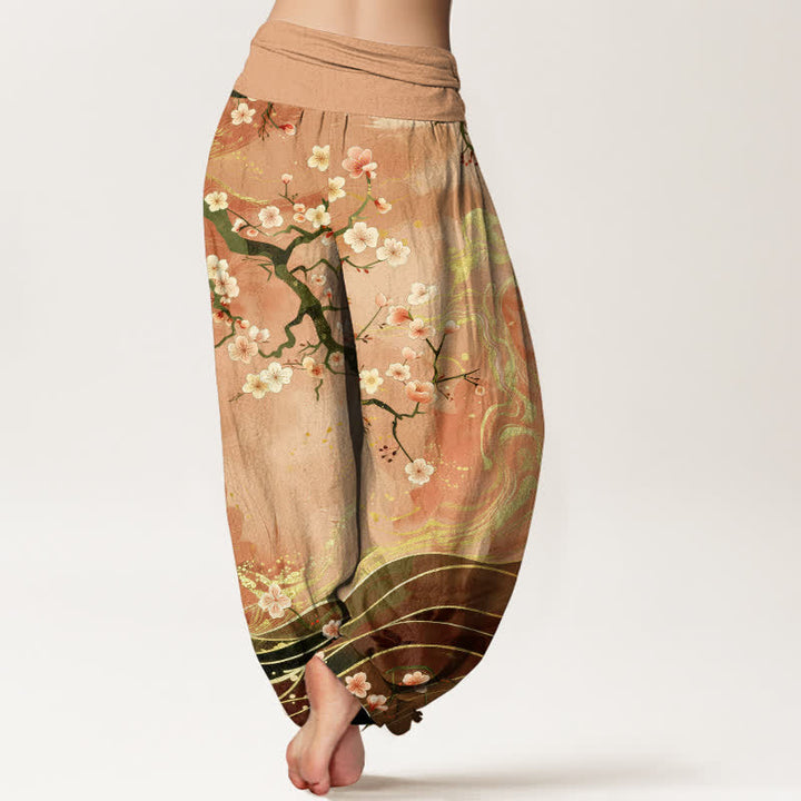 Buddha Stones 純綿桜の枝柄レディースゴムウエストハーレムパンツ - image 2