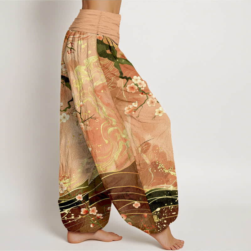 Buddha Stones 純綿桜の枝柄レディースゴムウエストハーレムパンツ - image 1