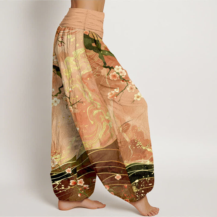 Buddha Stones 純綿桜の枝柄レディースゴムウエストハーレムパンツ - image 1