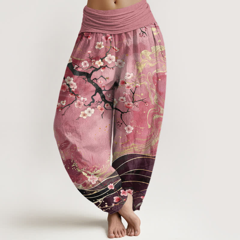Buddha Stones 純綿桜の枝柄レディースゴムウエストハーレムパンツ - 淡い紫がかった赤 - US16、 UK/AU20、 EU48 (3XL) - image 8