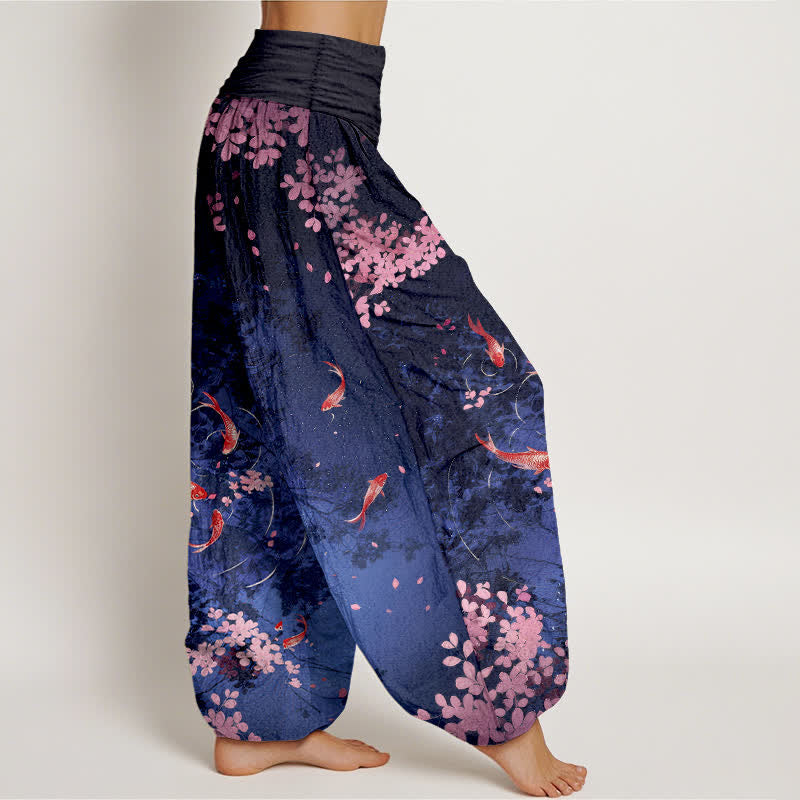 Buddha Stones 純綿素材、鯉、ウエストゴム入り、ポケット付きレディースパンツ - image 1