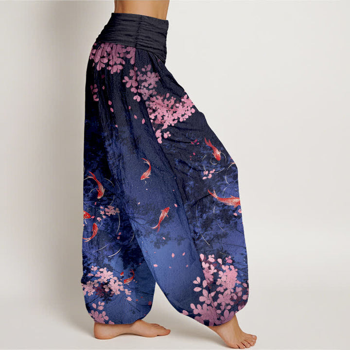 Buddha Stones 純綿素材、鯉、ウエストゴム入り、ポケット付きレディースパンツ - image 1