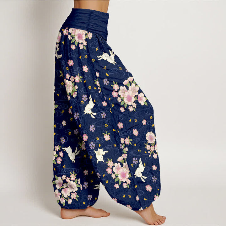 Buddha Stones 純綿花柄うさぎ柄レディースゴムウエストハーレムパンツ - image 1
