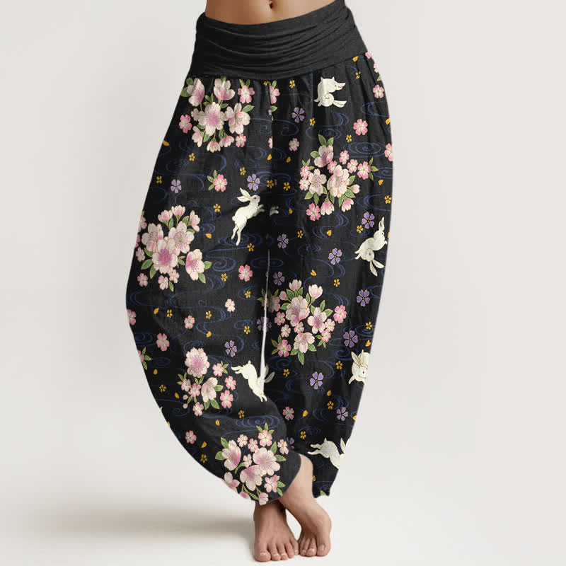 Buddha Stones 純綿花柄うさぎ柄レディースゴムウエストハーレムパンツ - 黒 - US16、 UK/AU20、 EU48 (3XL) - image 8