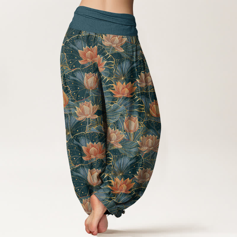 Buddha Stones 純綿素材、蓮の花柄、ウエストゴム入りレディースハーレムパンツ - image 2
