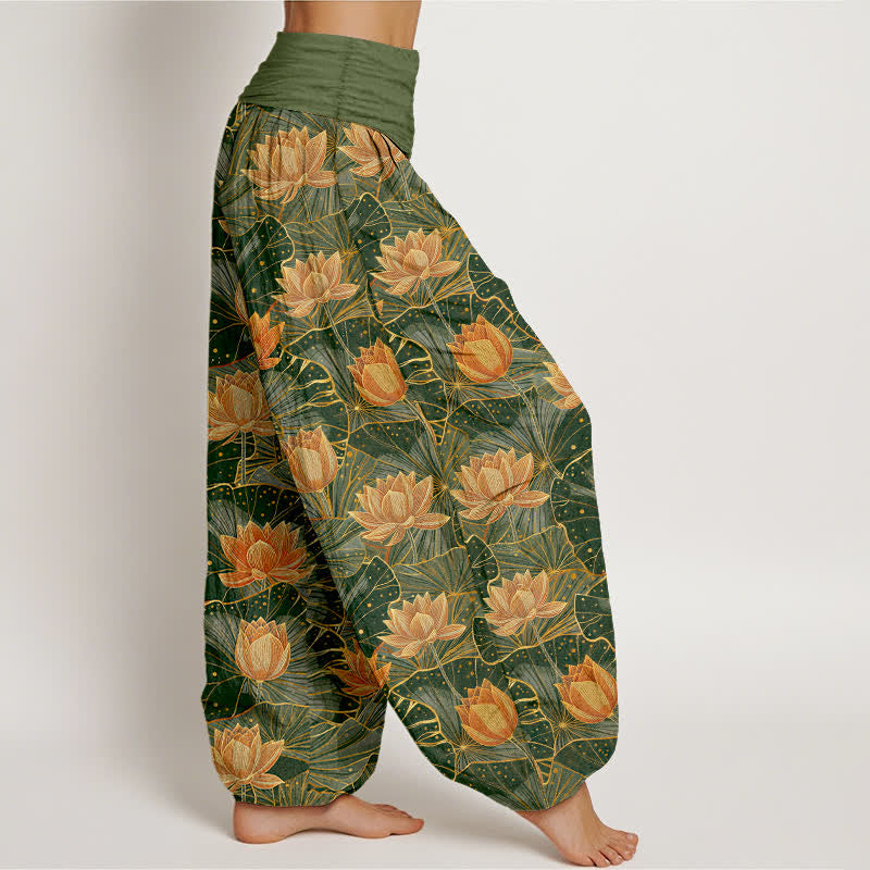 Buddha Stones 純綿素材、蓮の花柄、ウエストゴム入りレディースハーレムパンツ - image 6