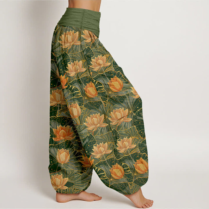 Buddha Stones 純綿素材、蓮の花柄、ウエストゴム入りレディースハーレムパンツ - image 6