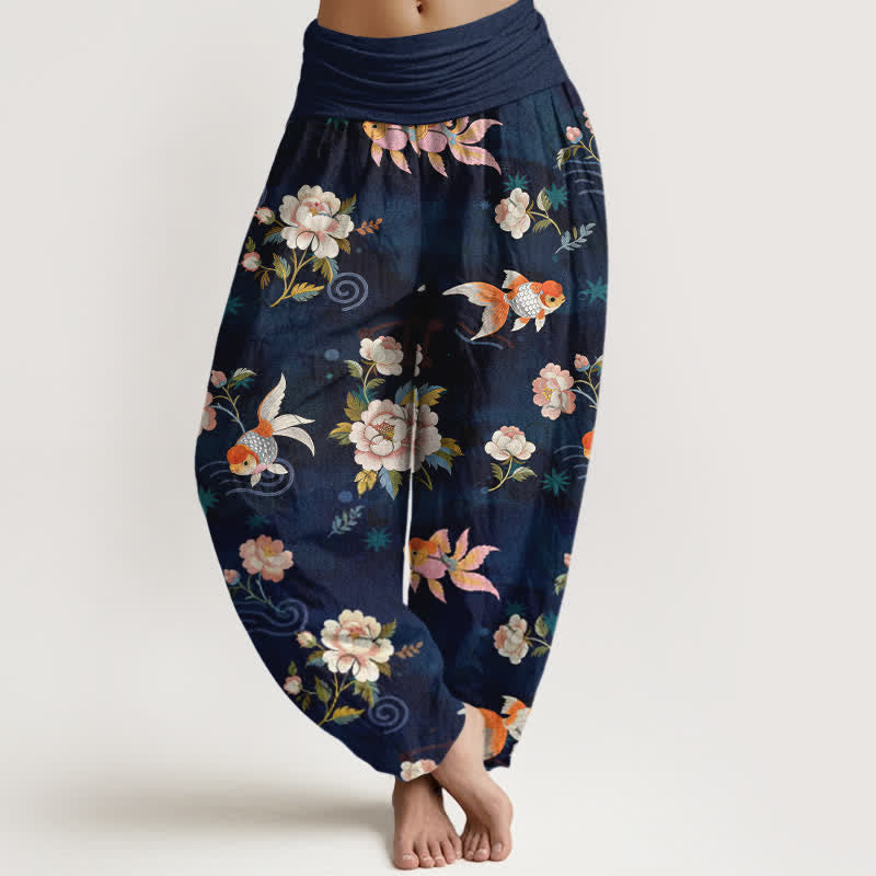 Buddha Stones 純綿鯉鯉柄レディースゴムウエストハーレムパンツ - ミッドナイトブルー - US16、 UK/AU20、 EU48 (3XL) - image 0