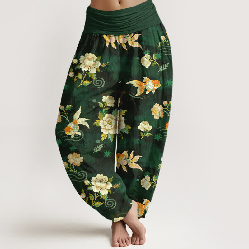 Buddha Stones 純綿鯉鯉柄レディースゴムウエストハーレムパンツ - ダークグリーン - US16、 UK/AU20、 EU48 (3XL) - image 5