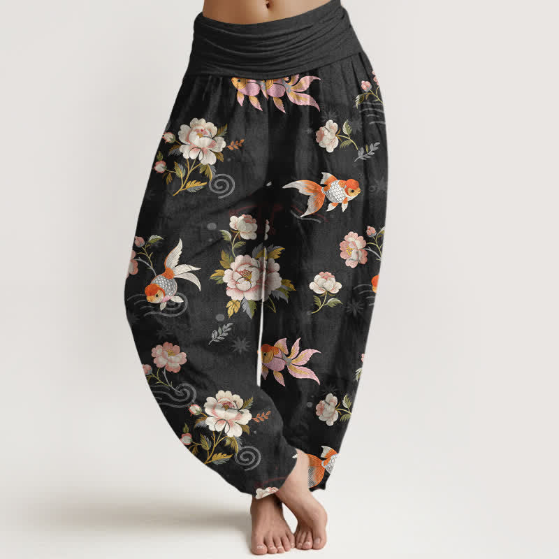 Buddha Stones 純綿鯉鯉柄レディースゴムウエストハーレムパンツ - 黒 - US16、 UK/AU20、 EU48 (3XL) - image 8