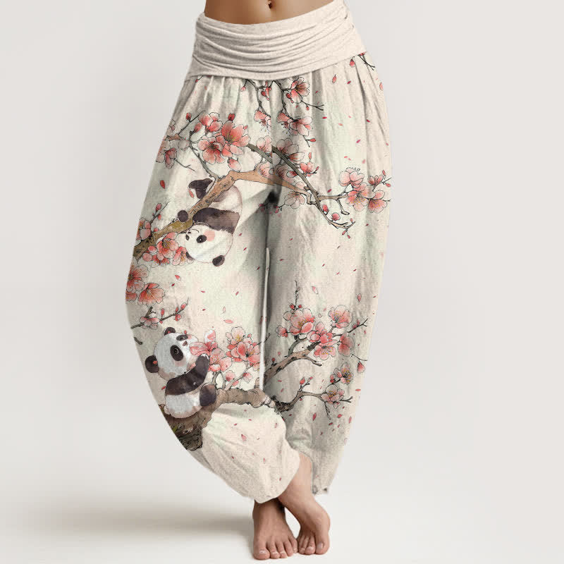 Buddha Stones 純綿パンダ桜柄レディースゴムウエストハーレムパンツ - リネン - US16、 UK/AU20、 EU48 (3XL) - image 0