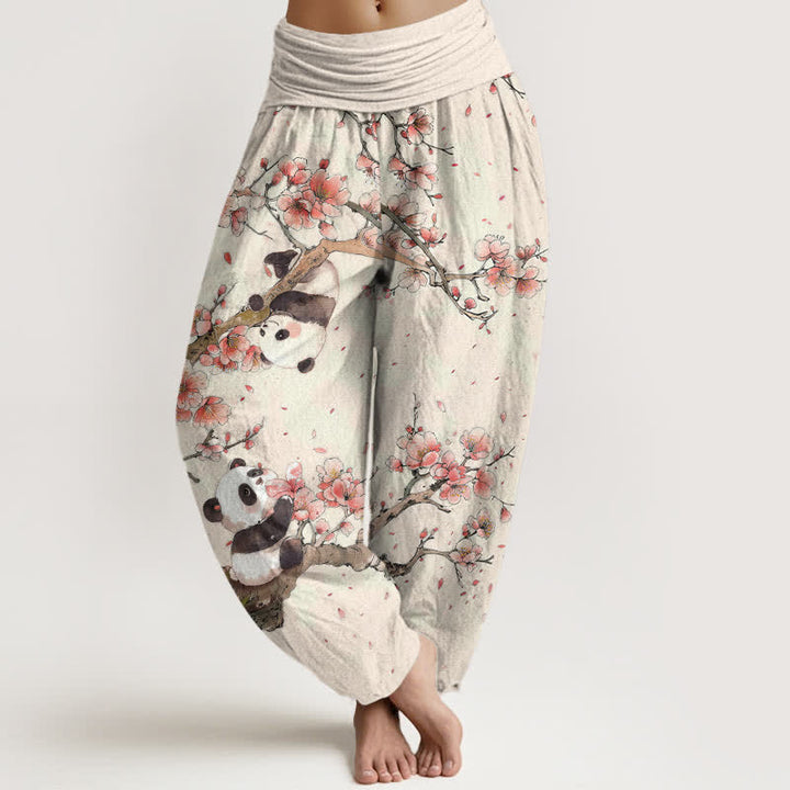Buddha Stones 純綿パンダ桜柄レディースゴムウエストハーレムパンツ - リネン - US16、 UK/AU20、 EU48 (3XL) - image 0
