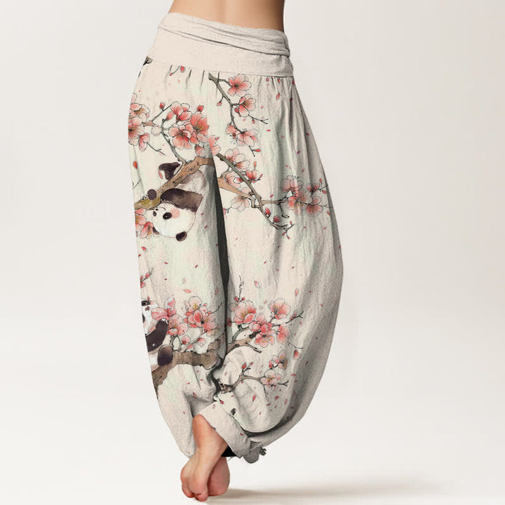 Buddha Stones 純綿パンダ桜柄レディースゴムウエストハーレムパンツ - image 2