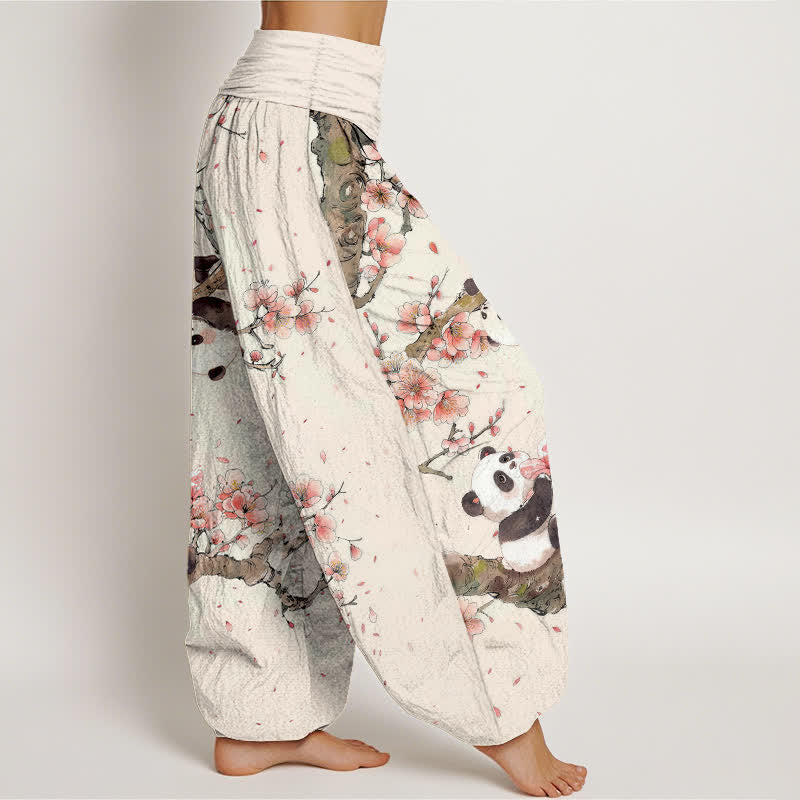 Buddha Stones 純綿パンダ桜柄レディースゴムウエストハーレムパンツ - image 1
