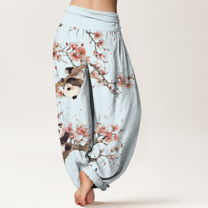 Buddha Stones 純綿パンダ桜柄レディースゴムウエストハーレムパンツ - image 7