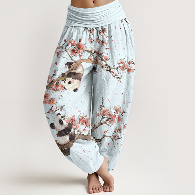 Buddha Stones 純綿パンダ桜柄レディースゴムウエストハーレムパンツ - アリスブルー - US16、 UK/AU20、 EU48 (3XL) - image 5