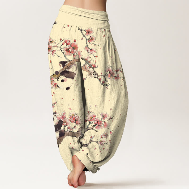 Buddha Stones 純綿パンダ桜柄レディースゴムウエストハーレムパンツ - image 10