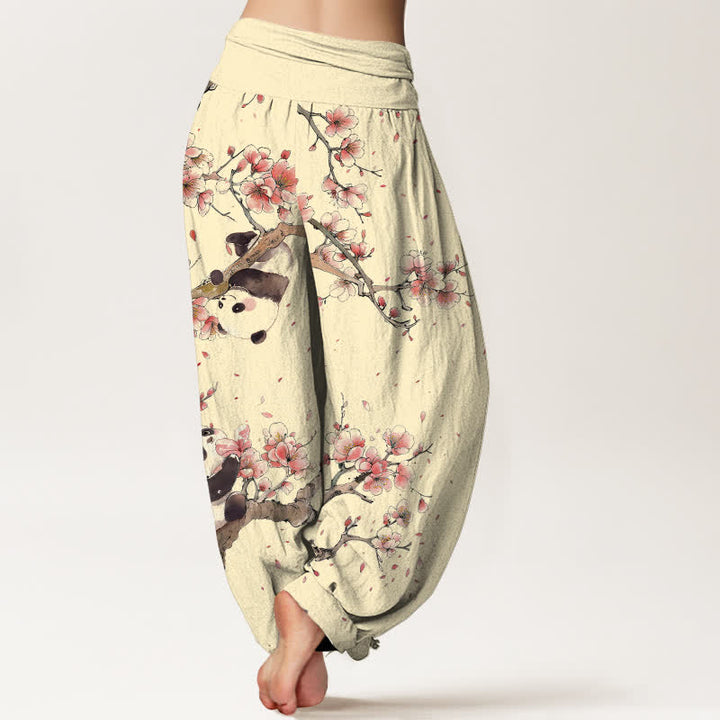Buddha Stones 純綿パンダ桜柄レディースゴムウエストハーレムパンツ - image 10