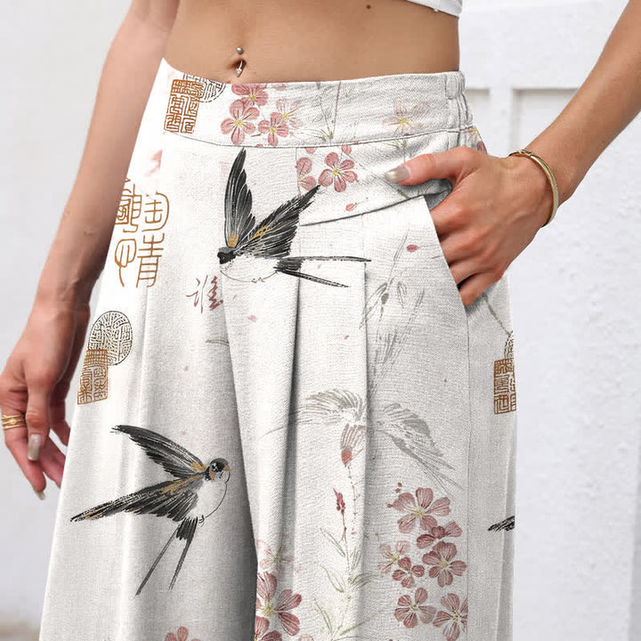 Buddha Stones コットンリネン花柄鳥模様 レディース ゴムウエスト ワイドレッグパンツ ポケット付き - image 2