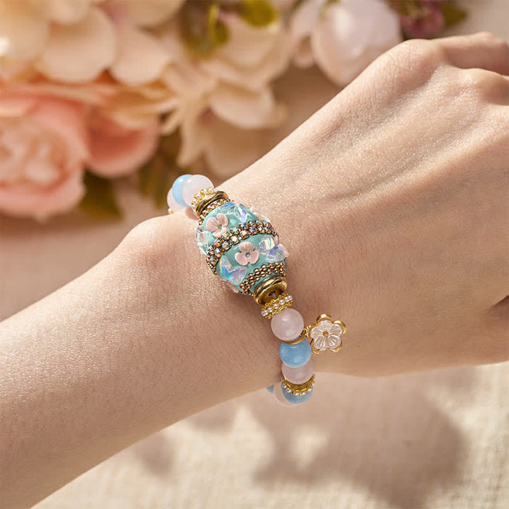 Buddha Stones ローズクォーツ、ブルーカルセドニー、銅製バレルビーズ、フラワーペンダント、ラブラウンドビーズブレスレット - image 4