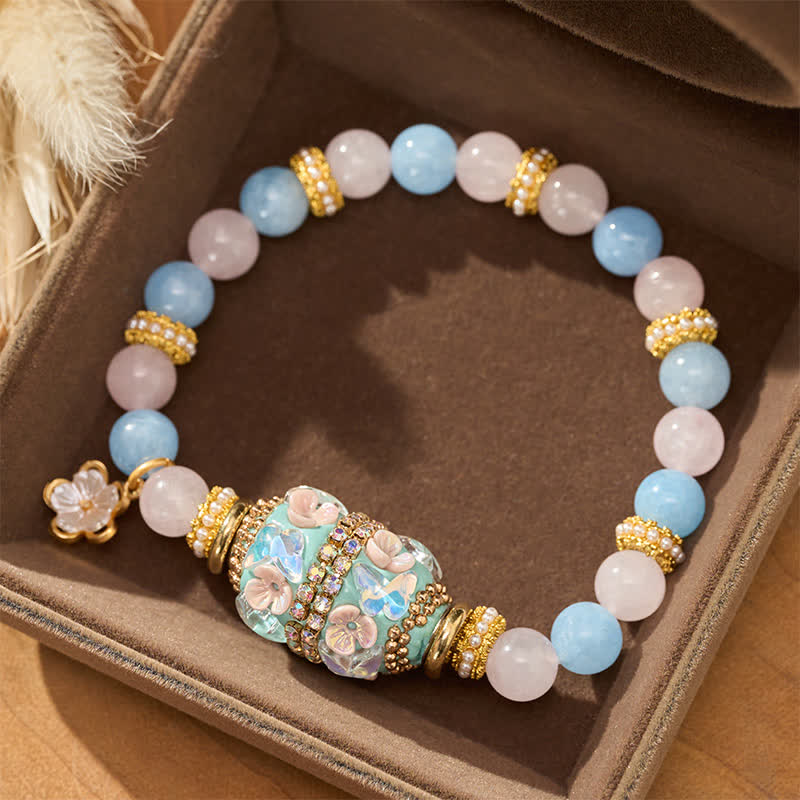 Buddha Stones ローズクォーツ、ブルーカルセドニー、銅製バレルビーズ、フラワーペンダント、ラブラウンドビーズブレスレット - image 2