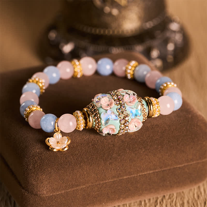 Buddha Stones ローズクォーツ、ブルーカルセドニー、銅製バレルビーズ、フラワーペンダント、ラブラウンドビーズブレスレット - ローズクォーツブルーカルセドニー（手首周り：15～16cm） - image 0