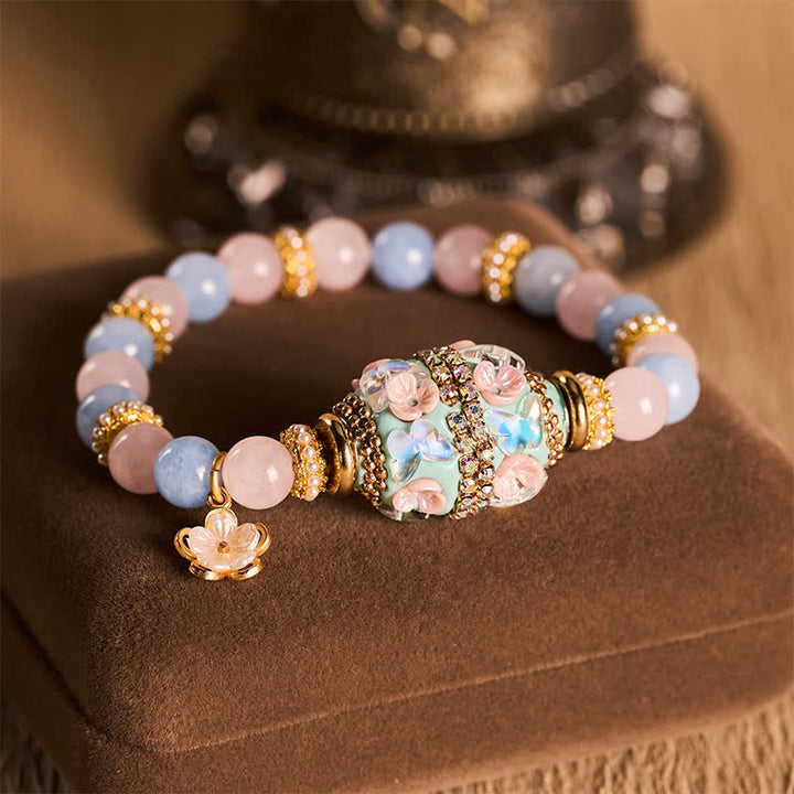 Buddha Stones ローズクォーツ、ブルーカルセドニー、銅製バレルビーズ、フラワーペンダント、ラブラウンドビーズブレスレット - ローズクォーツブルーカルセドニー（手首周り：15～16cm） - image 0