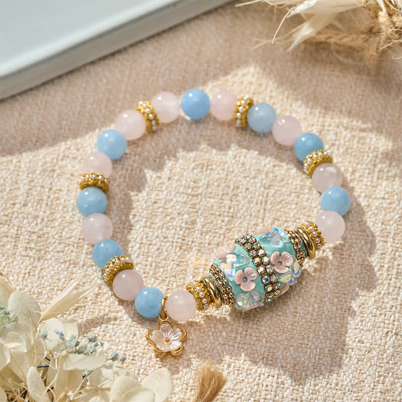 Buddha Stones ローズクォーツ、ブルーカルセドニー、銅製バレルビーズ、フラワーペンダント、ラブラウンドビーズブレスレット - image 1
