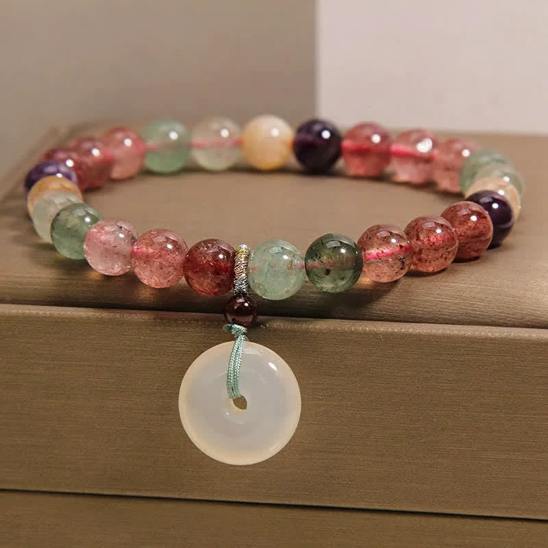 Buddha Stones ストロベリークォーツとカルセドニーの平和のお守りチャームラブブレスレット - image 1