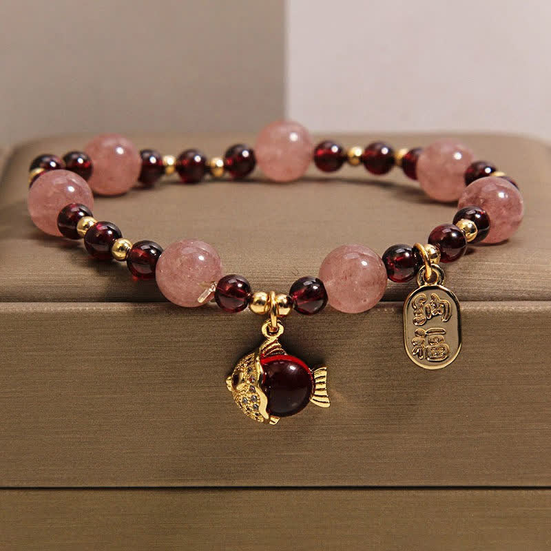 Buddha Stones ストロベリークォーツガーネット鯉の風の文字ヒーリングブレスレット - 鯉（成就♥決意） - image 0