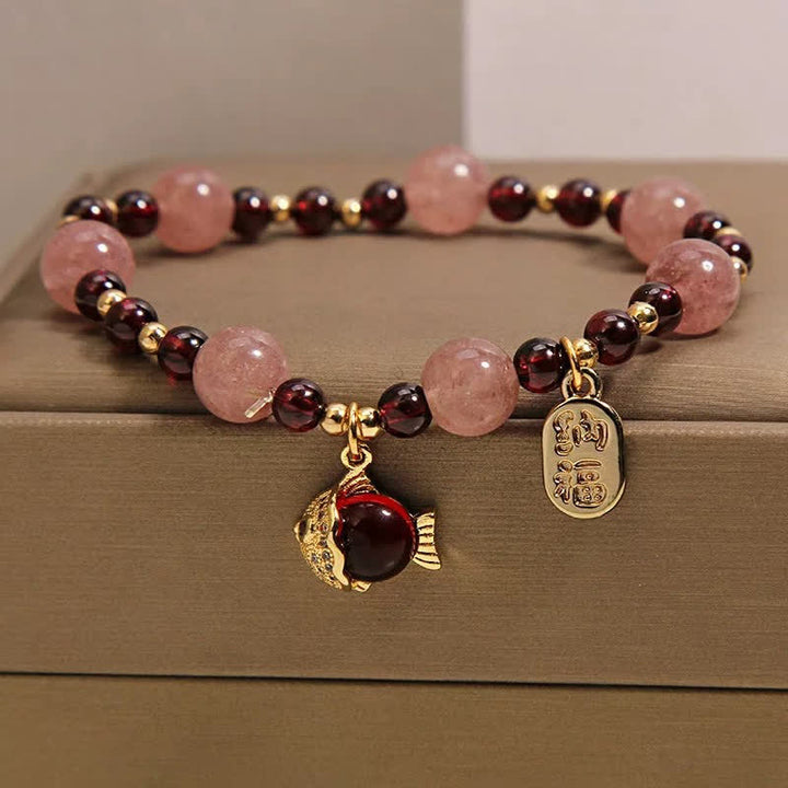 Buddha Stones ストロベリークォーツガーネット鯉の風の文字ヒーリングブレスレット - image 1