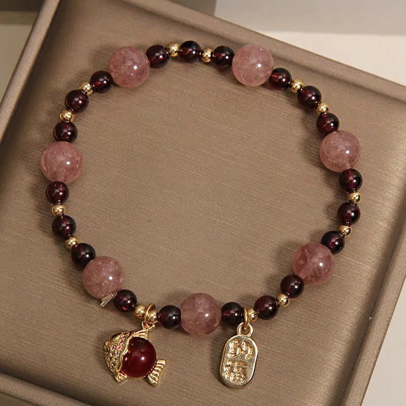 Buddha Stones ストロベリークォーツガーネット鯉の風の文字ヒーリングブレスレット - image 4