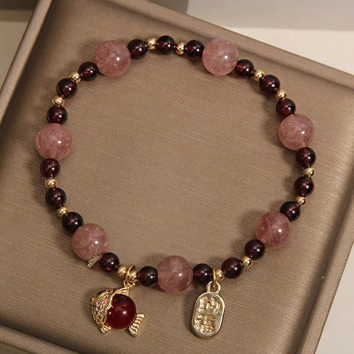 Buddha Stones ストロベリークォーツガーネット鯉の風の文字ヒーリングブレスレット - image 4