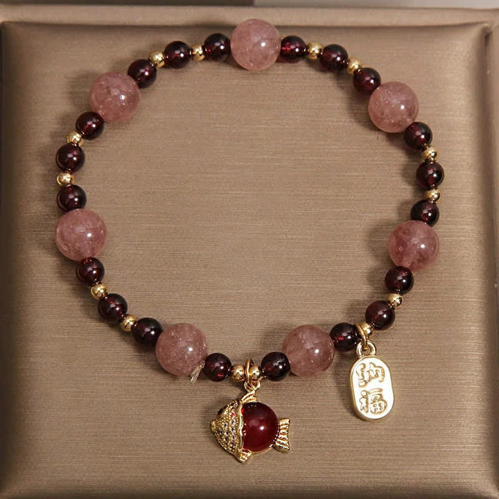 Buddha Stones ストロベリークォーツガーネット鯉の風の文字ヒーリングブレスレット - image 3