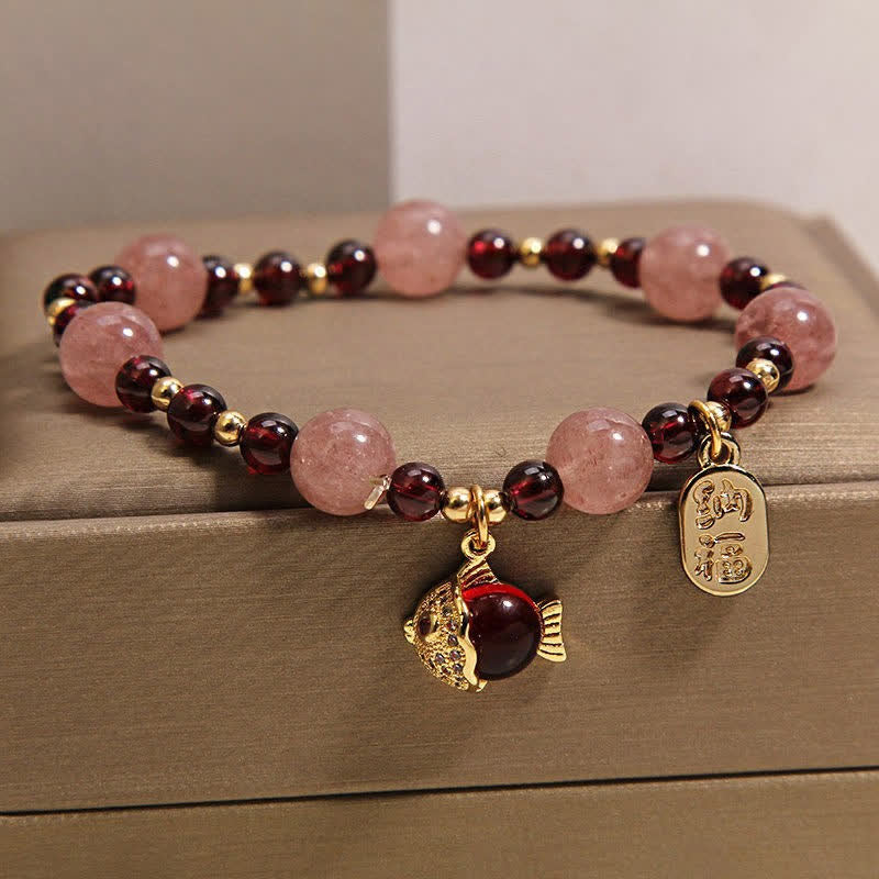 Buddha Stones ストロベリークォーツガーネット鯉の風の文字ヒーリングブレスレット - image 2
