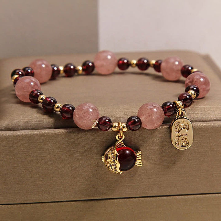 Buddha Stones ストロベリークォーツガーネット鯉の風の文字ヒーリングブレスレット - image 2
