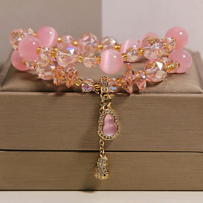 Buddha Stones キャッツアイひょうたんペンダント付き二重ビーズブレスレット - ピンクキャッツアイ - image 0