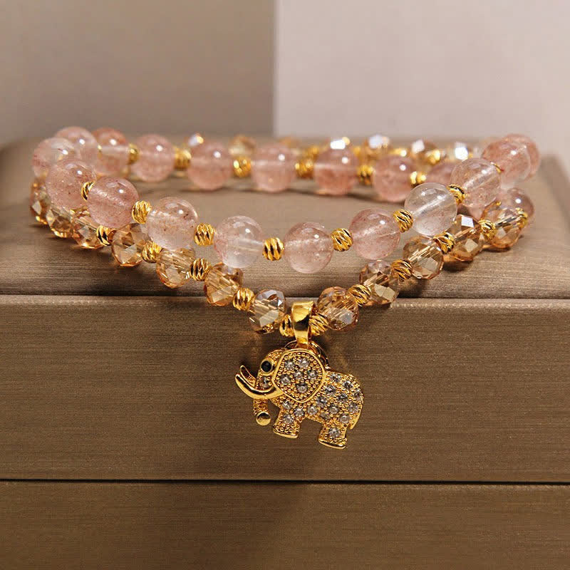 Buddha Stones ダブルラップ ストロベリークォーツ エレファント ヒーリングブレスレット - 象（力♥知恵） - image 0