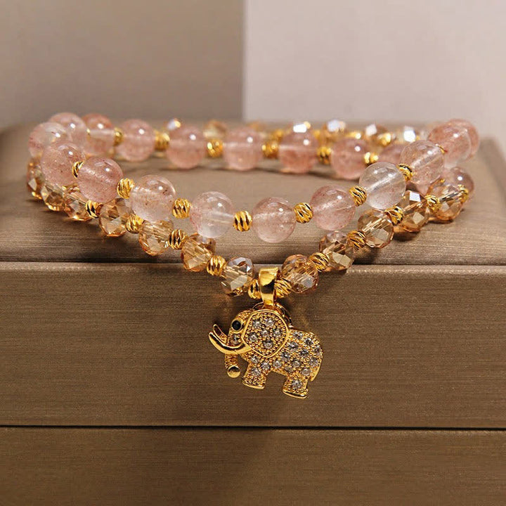 Buddha Stones ダブルラップ ストロベリークォーツ エレファント ヒーリングブレスレット - 象（力♥知恵） - image 0