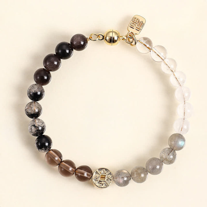 Buddha Stones タイガーアイ天然石 福の文字銅貨幸せブレスレット - ブラックルチルクォーツ（保護♥グラウンディング） - image 9